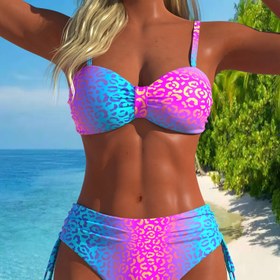 Resim Renkli leopar desenli iki parçalı kadın bikini seti, seksi yüksek bel plaj kıyafeti, trend ve rahat kesim, deniz kenarı için mükemmel, 25SS yaz modası 