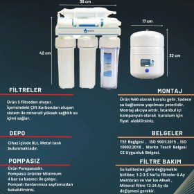 Resim Evora 5 Filtreli Açık Kasa Pompasız Su Arıtma Cihazı 8 Lt. Şeffaf Çelik İçli Tanklı Özellik 