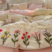 Resim Milky Coffee Ekose + Renkli Çiçek Desenli, Şirin Tarz, Yumuşak ve Hafif Bej Yıkama Dostu Kumaş Seti (1 Nevresim Takımı + 2 Yastık Kılıfı), Nefes Alabilen Polyester, Makinede Yıkanabilir, Tüm Mevsimler İçin Uygun, Nevresim ve Yastık Dahil Değildir 