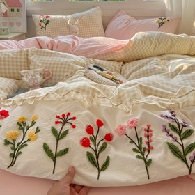 Resim Milky Coffee Ekose + Renkli Çiçek Desenli, Şirin Tarz, Yumuşak ve Hafif Bej Yıkama Dostu Kumaş Seti (1 Nevresim Takımı + 2 Yastık Kılıfı), Nefes Alabilen Polyester, Makinede Yıkanabilir, Tüm Mevsimler İçin Uygun, Nevresim ve Yastık Dahil Değildir 
