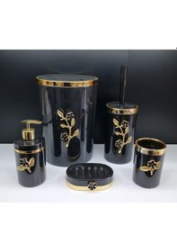 Resim 5 Parça Yuvarlak Akrilik Banyo Seti Siyah Gold Papatya Desen Siyah 