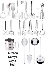 Resim Kitchen Damys Paslanmaz Çelik 21 Parça Mutfak Çelik Çeyiz Seti Kevgir Maşa Seti Un Eleği 