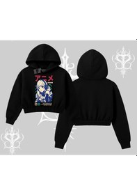 Resim Kapşonlu Crop Sweatshirt Anime Kız Desenli Japon Tarzı Siyah 