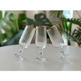 Resim Bohemia Kristal Optik Uzun Kadeh Seti 6 Lı Gerçek Altın Yaldız Ağızlı Şık Cam Kadeh Şeffaf 