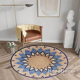 Resim Mavi Kenarlı Hasır Görünümlü Dijital Baskı Halısı Şönil Taban Modern Paspas (120 x 120 cm) 