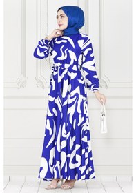 Resim Sevitli Geometrik Desenli Elbise-saks Mavi-3894-saks Mavi Saks Mavisi 