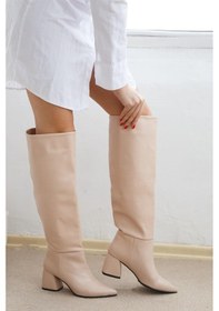 Resim Shoetek Carina Kadın Çizme Kalın Topuklu Bej Deri Bej Cilt 