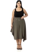 Resim Büyük Beden Asimetrik Kesim Kuşgözü Detaylı Tek Cepli Midi Haki Etek Haki 