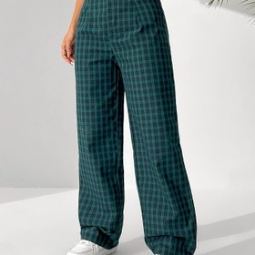 Resim Kadınlar için Vintage Yeşil & Beyaz Ekose Düz Bacak Pantolon - Rahat Gevşek Kesim, Yüksek Bel Düğme Detaylı, %100 Polyester, İlkbahar/Yaz için Makinede Yıkanabilir, İlkbahar Yaz Giyim|Vintage Düz Bacak|Pürüzsüz Dokulu Pantolon 