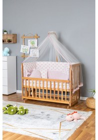Resim Ahşap Beşik Anne Yanı Beşik Vernikli 60x120 - Pembe Balina Uyku Seti + Yataklı Ahşap 