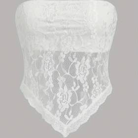 Resim Kadınlar için Y2K Tarzı Dantel Süslemeli Askısız Korse Üst - Çift Katmanlı, Yarı Şeffaf, Çiçek Desenli, Polyester & Spandex Karışımı, Makinede Yıkanabilir, Beyaz 