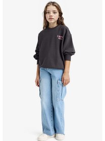 Resim Defacto Kız Çocuk Oversize Geniş Kalıp Bisiklet Yaka Sırt Baskılı Sweatshirt E6756a825auar220 Antrasit 