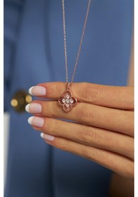 Resim Erdobia Zirkon Taşlı Rose One Cleef Yonca Gümüş Kolye 