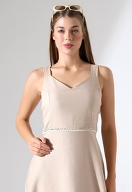 Resim Mois Atelier Bej Keten Askılı Dantel Detaylı Çan Etek Midi Kadın Elbise Tasarım Büyük Beden 