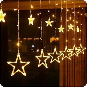 Resim Yıldız Saçak LED Perde Işık, 8 Adet Işık Modu, 3 Metre Uzunluğunda, 138 LED’li Sarı Işık, 6 Adet Büyük 6 Adet Küçük Yıldız, Su Geçirmez, Dekorasyon Noel Yılbaşı İçin Saçak LED Yılbaşı Perde Işık 