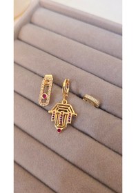 Resim Pembe Taşlı Üçlü Şövalye Çelik Küpe Gold 