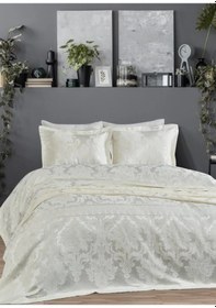 Resim Dantela Armada Jakarlı Çift Kişilik Yatak Örtüsü -krem Krem 