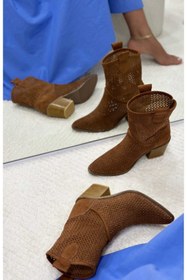 Resim POTEEN Ptc Handy Kadın Western Kovboy Kahverengi Topuklu Yazlık Kısa Bot 