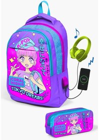 Resim Coral High Kids Mor Pembe Mavi Simli K-pop Desenli Usb'li 2'li Okul Çanta Seti Set0224316 