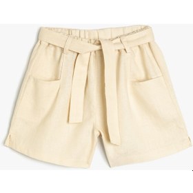 Resim Koton Keten Şort Kemer Detaylı Cepli Beli Lastikli Bej 4skg40061aw Ekru 