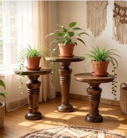 Resim AYLESA Doğal Ahşap 3’lü Set Mantar Yan Sehpa Modern Ceviz Renk Fiskos Zigon Çiçeklik 