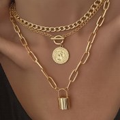 Resim 3 Parça Şık Minimalist Zarif Vintage Tasarım Geniş Yüz Abartılı Kilit Geometrik Yuvarlak Küba Zinciri Minimalist Katı Metal Rüzgar Kalın Kolye Seti, Bayram Partisi Randevu Günlük Kullanım için Takı Kutusu Yok 