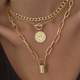 Resim 3 Parça Şık Minimalist Zarif Vintage Tasarım Geniş Yüz Abartılı Kilit Geometrik Yuvarlak Küba Zinciri Minimalist Katı Metal Rüzgar Kalın Kolye Seti, Bayram Partisi Randevu Günlük Kullanım için Takı Kutusu Yok 