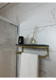 Resim Fulya Banyo Ahşap Raflı Gold Metal Havlu Şal Askılık Antrasit Raf Gold 