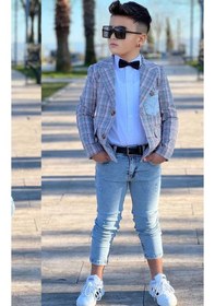 Resim Riccotarz Erkek Çocuk Kırmızı Çizgili Blazer Ceket Kot Pantolon Alt Üst Takım Gri 