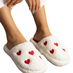 Resim Liger Kadın Pofuduk Nakışlı Ev Terliği Çeyiz Bohça Terliği Valentine's Day BEYAZ - KIRMIZI 