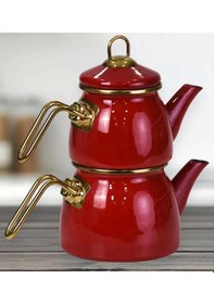 Resim Emaye Özel Tasarım Yapışmaz Yüzey Büyük Boy Demlik Seti Emaye Çaydanlık Üst 1.4 L Alt 2.6 L Kırmızı 