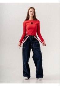 Resim Zekids Kız Çocuk Beli Lastikli Renkli Kemerli Bol Paça Tasarım Kot Pantolon-14769 Lacivert 