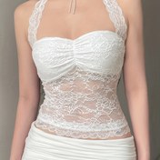 Resim Kadınların Zarif Dantel Halter Yaka Tank Üstü - Fransız İlhamlı Seksi Sırtı Açık Cami, Çiçek Dantel Detaylı, Beyaz Polyester Karışımı Yaz Tatilleri ve Rahat Kıyafetler İçin Şık Tank Üstü 