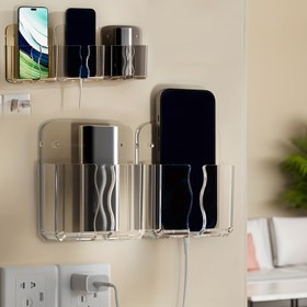 Resim Duvara monte edilebilir cep telefonu şarj kutusu tutucusu, yapışkanlı uzaktan kumanda tabanı, delme gerektirmeyen duvar depolama rafı tabanı, çok amaçlı şarj cep telefonu tutucusu 