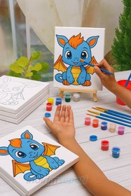 Resim Çocuklar İçin 20x20 cm Çizimli Tuval Boyama Seti – Ahşap Şövale, 6 Renk 3 ml Boya ve Düz Fırça Dahil 