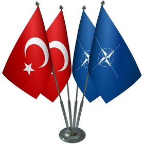 Resim Masa Üstü Nato Bayrağı Türk Bayrağı Dörtlü Krom Direk Masa Bayrak 