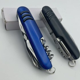 Resim Çok fonksiyonlu 11'li İsviçre bıçağı kombinasyon alet seti, hafif dış mekan taşınabilir makas, kesme bıçağı, testere, tornavida, şişe açacağı, konserve açacağı, dosya, açık hava macera ve hayatta kalma aracı seti 