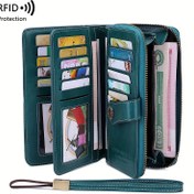 Resim CHARM İNFINITE RFID Engelleme Kadınlar için Vintage Uzun Cüzdan - Bilek Kayışı ile Teal Çok Fonksiyonlu Fermuarlı Çanta, Birden Fazla Kart Yuvası ve Güvenli Bozuk Para Cebi 