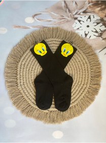Resim Mini Kids Baby Kız Bebek Tweety Figürlü Keçe Süslü Siyah Diz Altı Çorap 