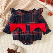 Resim Sevimli Kız Giyim Şirin Vintage Ekose + Kırmızı Kurdele Kıyafetli Flutter Kollu Tasarım Rahat Oynak Giyim - Sevimli Bebeğinizin En İyi Rahat Giyim, Açık Hava İçin 