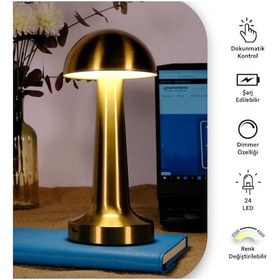 Resim ACK Şarjlı Dokunmatik LED Masa Lambası, Dimlenebilir, Gold 