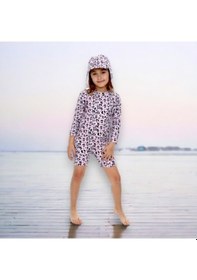 Resim Lolliboomkids Kız Çocuk Leopar Desenli Güneş Koruma Şapkalı 2'li Takım Uzun Kol Hipster Model Sırt Fermuarlı Hassas Ten Mayo Pembe - Siyah 