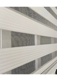 Resim Geniş Plise Ekru Beyaz Eteği Dilimli Stor Zebra Güneşlik Perde Alüminyum Kasa, Metal Ayak Beyaz 