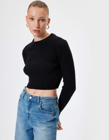 Resim Uzun Kollu Saç Örgü Dokulu Triko Crop Kazak 