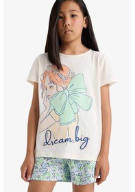 Resim Defacto Kız Çocuk Pijama Takımı Baskılı Kısa Kollu Üst Beli Lastikli Şort E0663a825hser85 Ekru 
