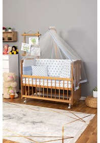 Resim Ahşap Beşik Anne Yanı Beşik Vernikli 60x120 - Mavi Yıldız Tek Yastık Uyku Seti+yatak+tekerlekli Ahşap 