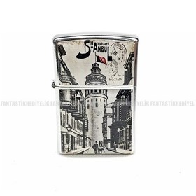 Resim Galata Kulesi İstanbul Gümüş Renk Kapaklı Benzinli Çakmak 