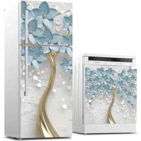 Resim ve Bulaşık Makinası Beyaz Eşya Sticker Kaplama 3D Mavi Yaprak 