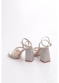 Resim Dgn 7753 Kadın Silver Taşli Tek Çapraz Bant Alçak Platform Yüksek Topuk Bilekten Bağli Ayakkabi Dore Saten 