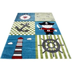 Resim Soft Yumuşak Çocuk Odası Halısı Kahraman Korsan Desenli Mavi Yeşil Beyaz Çok Renkli 